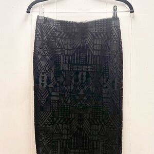 Vintage Black Velvet Textured Geometric Midi Pencil Skirt